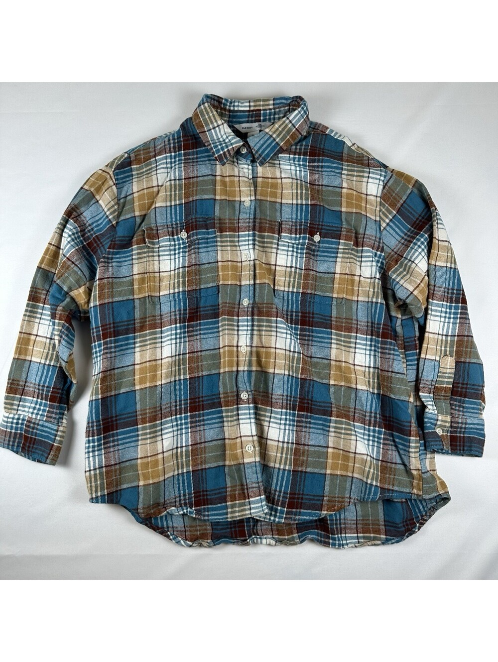 Old Navy Boyfriend Shirt Womens Sz XL Blue Brown Plaid Flannel Button Up